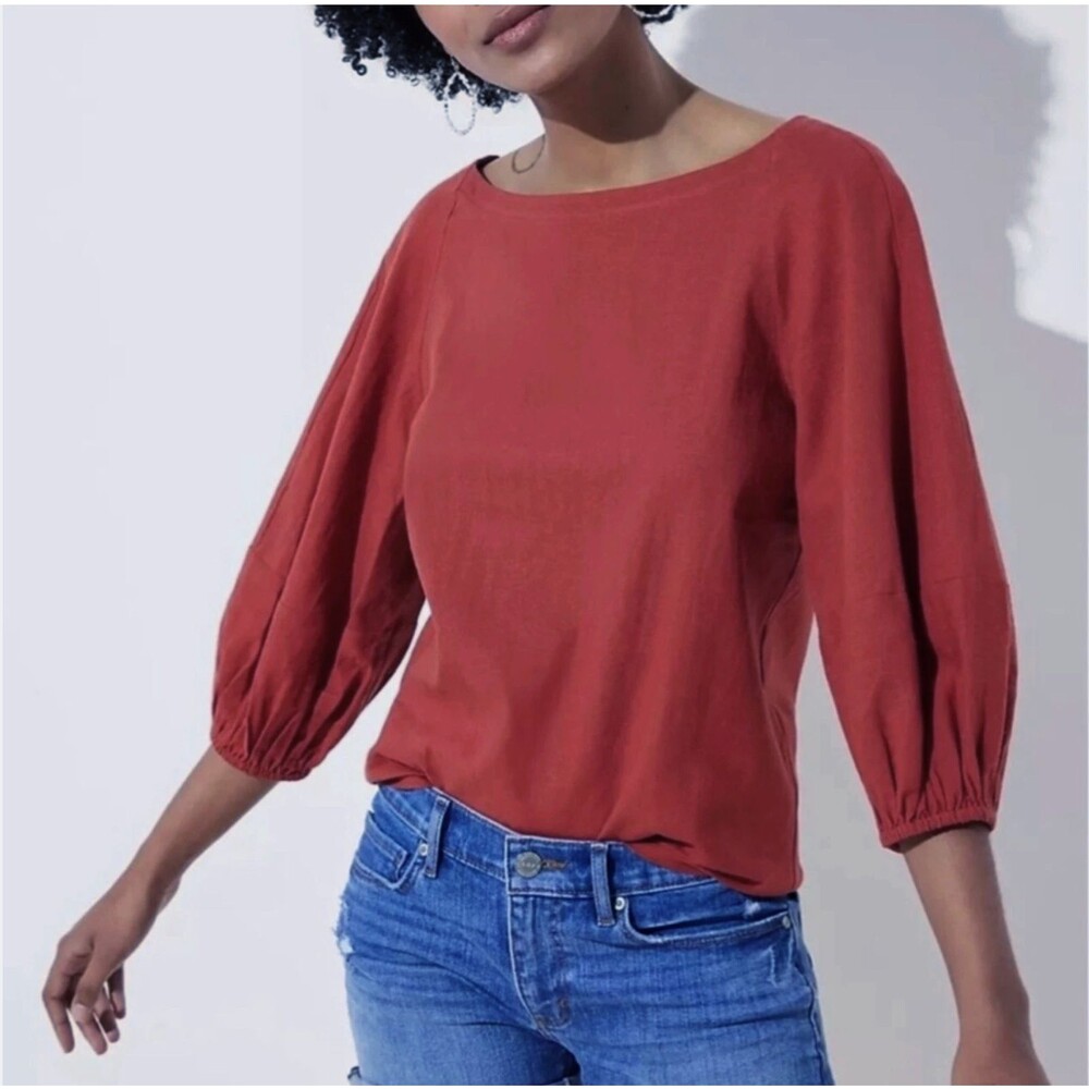 LOFT Linen Blend Peasant Top Womens M Rust Orange Balloon Sleeve Boat Neck Boho
